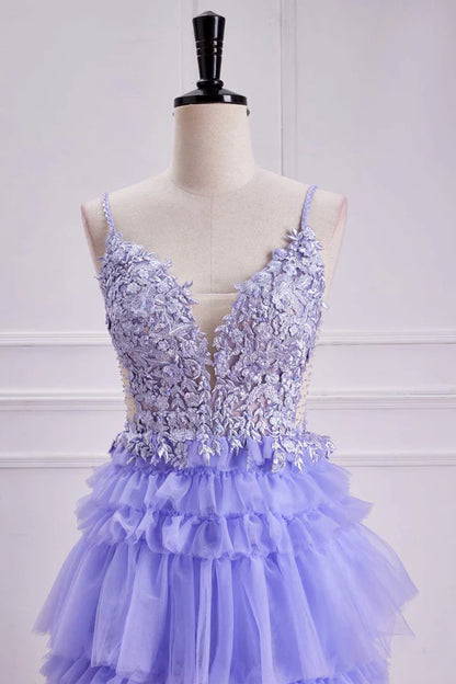 Plunging V Neck Floral Layers A-line Long Prom Dress