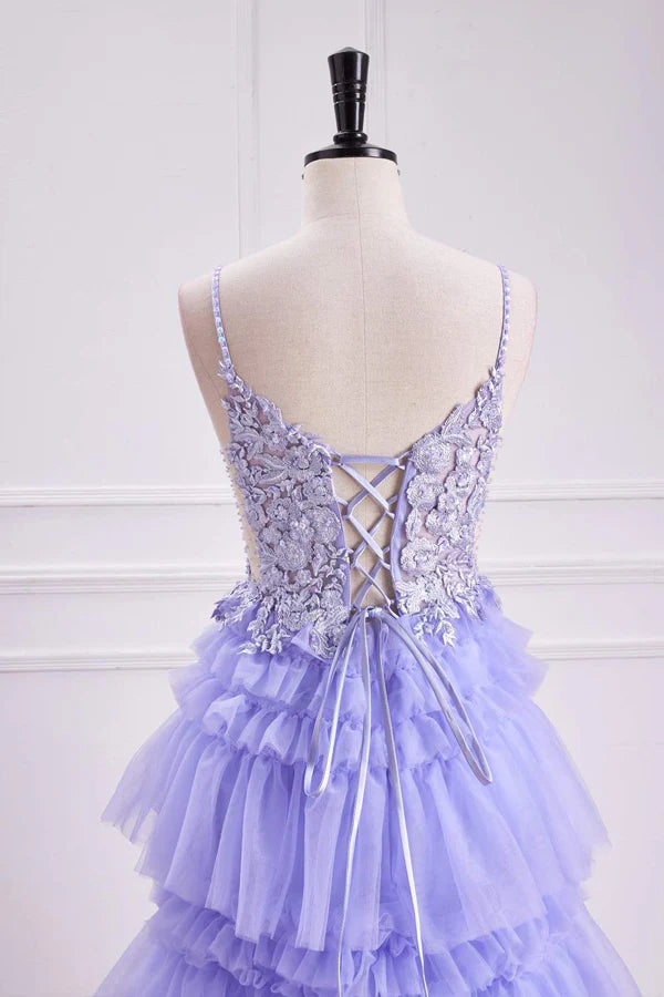 Plunging V Neck Floral Layers A-line Long Prom Dress