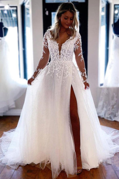 A-line V Neck Lace Long Sleeves Wedding Dresses