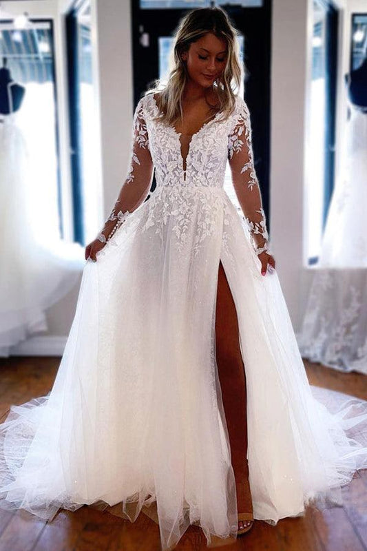 A-line V Neck Lace Long Sleeves Wedding Dresses