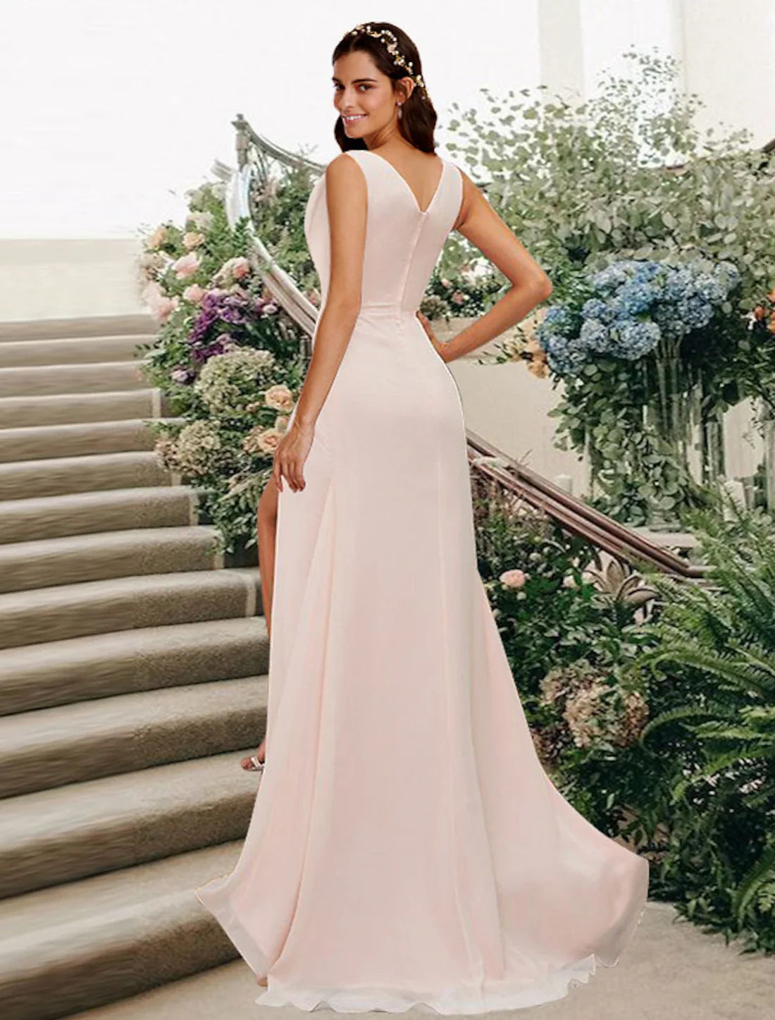 A-Line Bridesmaid Dress Party Dresses Wedding Guest Dresses V Neck Sleeveless Elegant Floor Length Chiffon with Split Front / Ruching