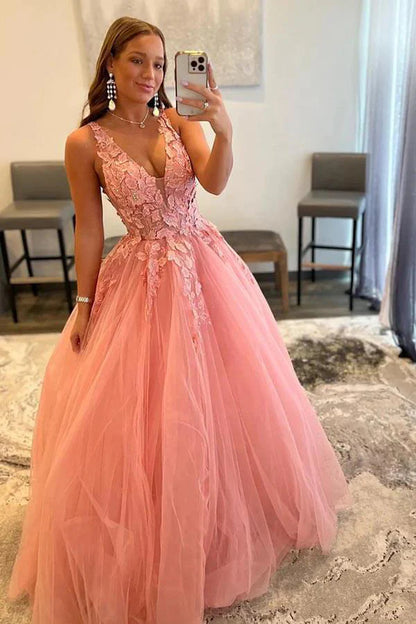 Neck Tulle Appliques Blush Pink Prom Dress with Slit