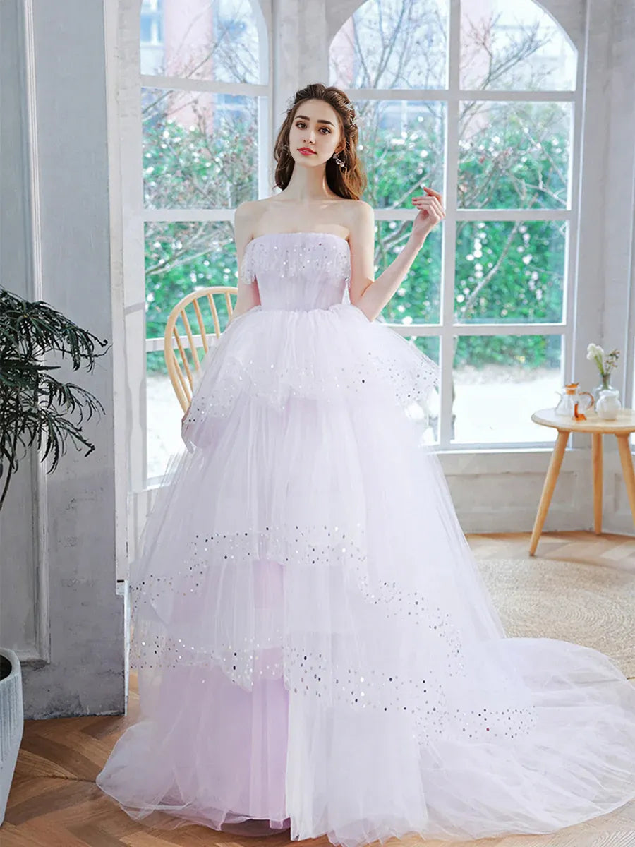 A Line Strapless Lavender Tulle Sequins Long Prom Dress Tiered Party Dress