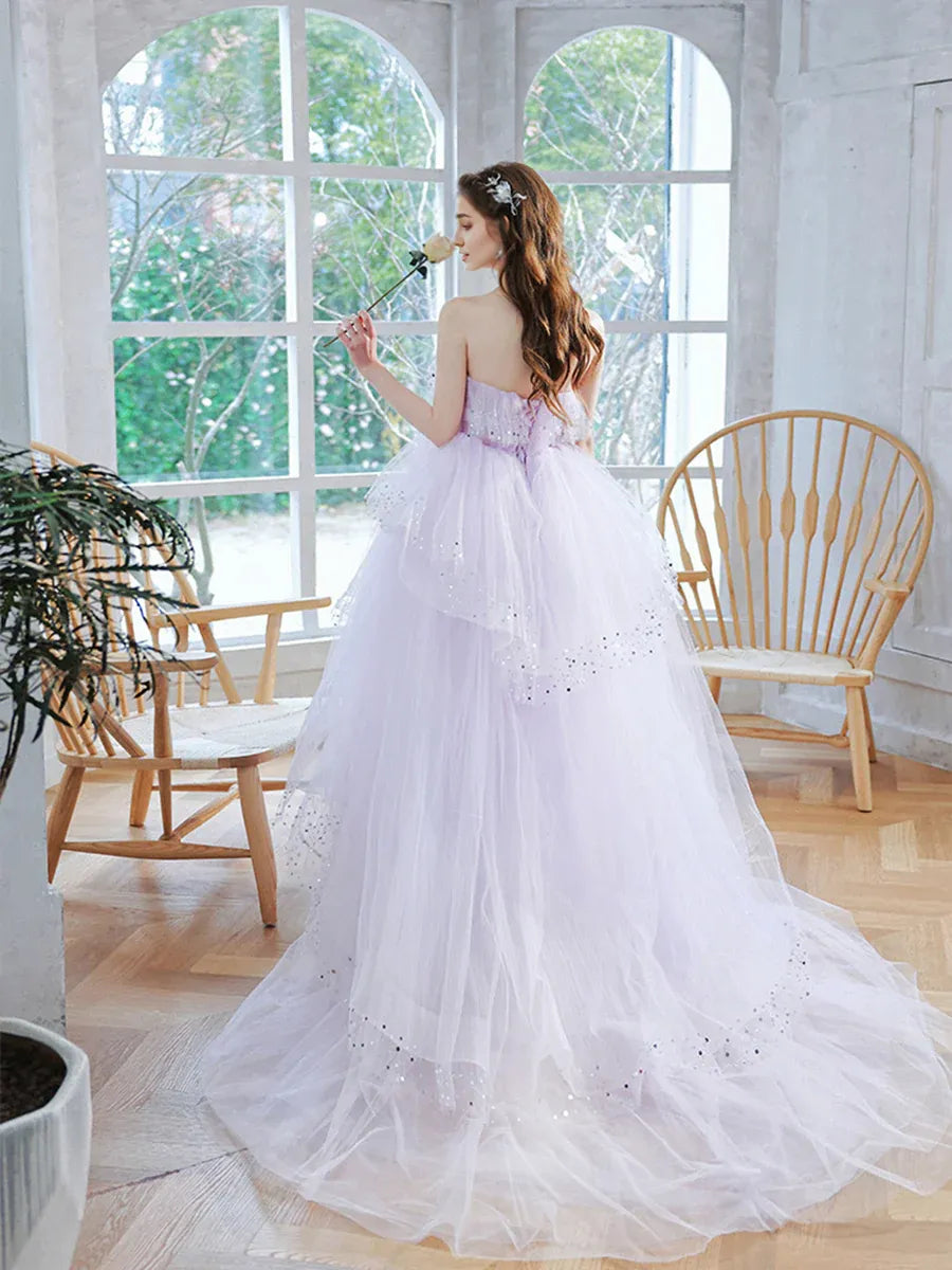 A Line Strapless Lavender Tulle Sequins Long Prom Dress Tiered Party Dress