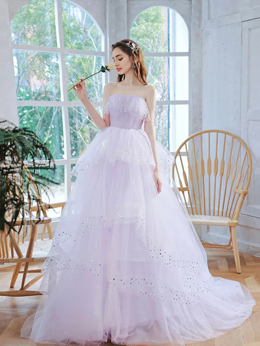 A Line Strapless Lavender Tulle Sequins Long Prom Dress Tiered Party Dress