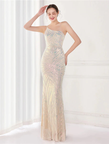 Mermaid / Trumpet Evening Gown Sparkle & Shine Dress Formal Floor Length Sleeveless One Shoulder Sequined with Sequin