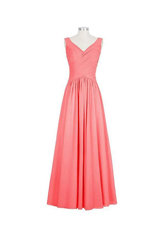 Long Chiffon Straps V-neck Bridesmaid Dresses