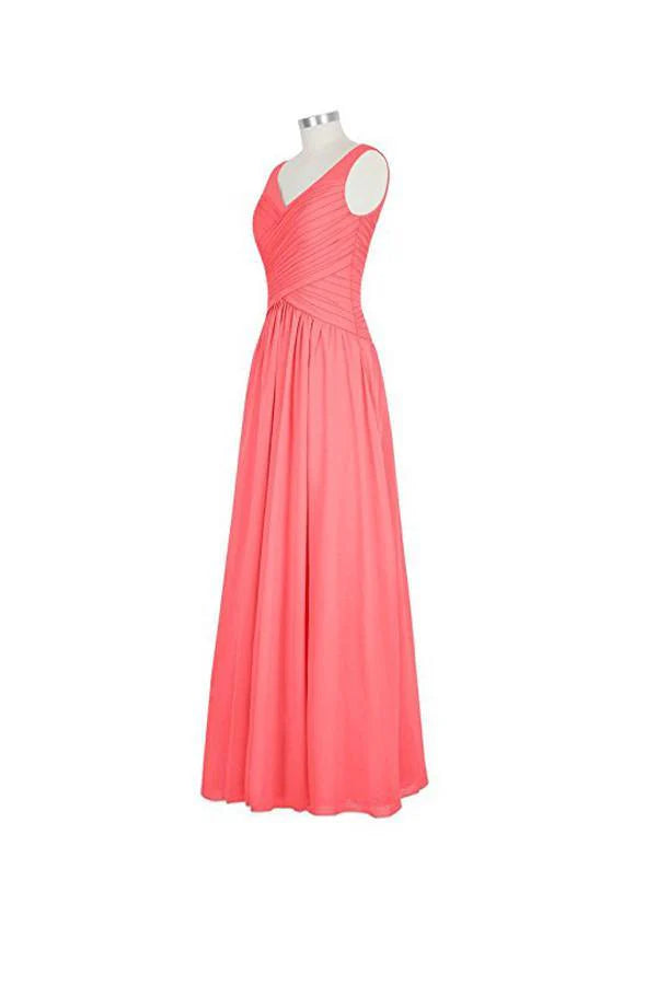 Long Chiffon Straps V-neck Bridesmaid Dresses