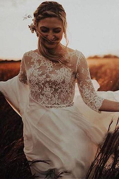 Long Sleeve Bateau See-through Bodice A-line Wedding Dress