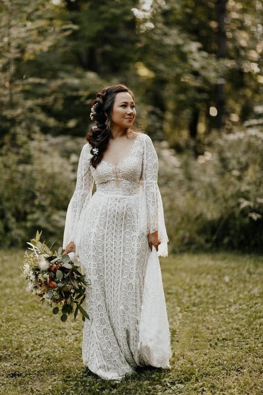 Long Sleeve Lace Wedding Dresses Lace Up Back Beach Wedding Dress