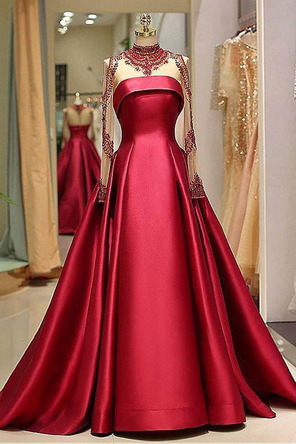 A Line Sweep/Brush Train Dresses Long Sleeve High Neck Long Prom Dress