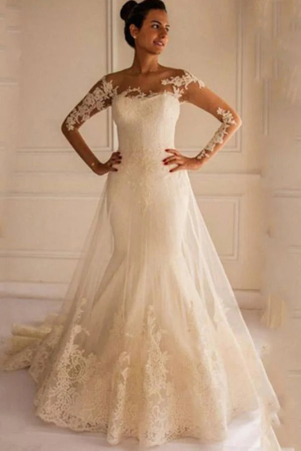 Long Sleeves Appliques Button Floor-Length Mermaid Wedding Dress