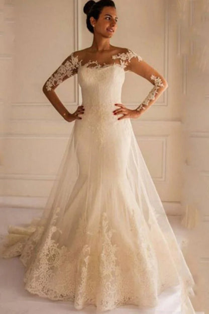Long Sleeves Appliques Button Floor-Length Mermaid Wedding Dress