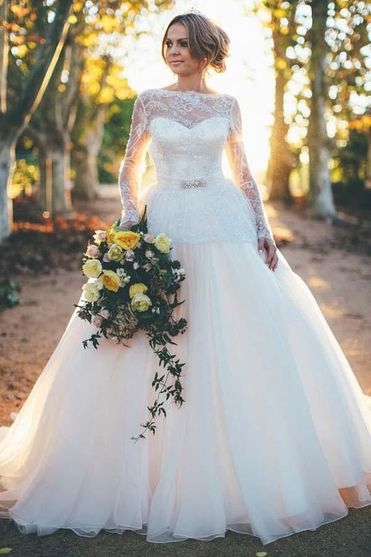 Long Sleeves Ball Gown Organza Wedding Dress with Beading Lace Top