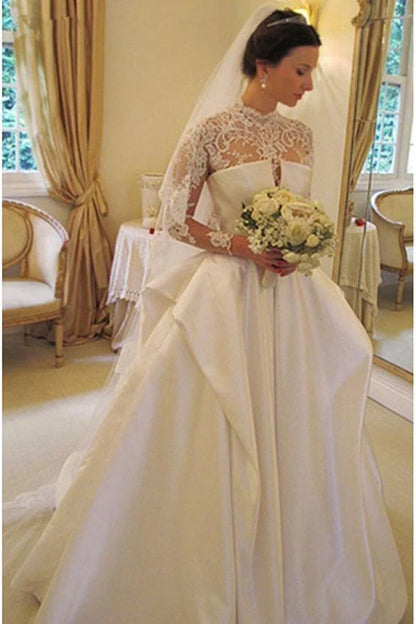 Long Sleeves High Neck Lace Court Train Satin Wedding Dress