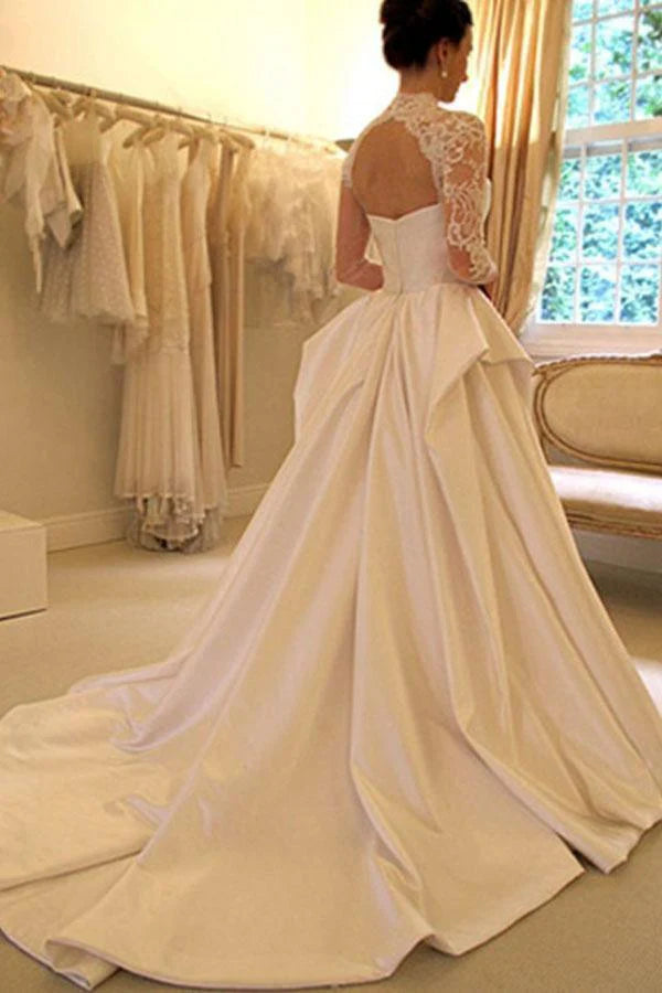 Long Sleeves High Neck Lace Court Train Satin Wedding Dress