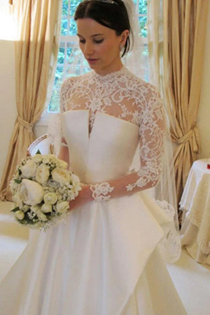 Long Sleeves High Neck Lace Court Train Satin Wedding Dress