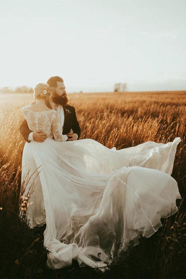 Long Sleeve Bateau See-through Bodice A-line Wedding Dress