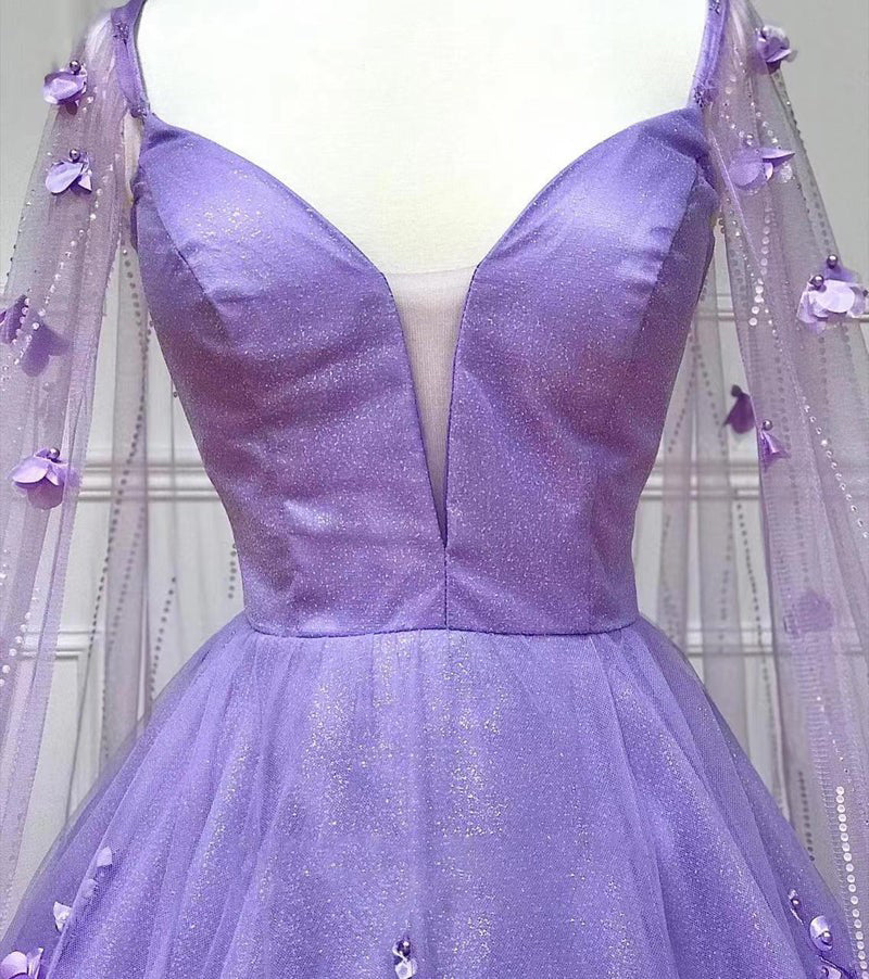 Lavender 3D Floral Lace A Line Sleeves Long Prom Dresses