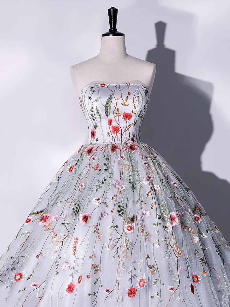 A-Line Strapless Floral Tulle Evening Party Dress Long Prom Dress With Embroidery