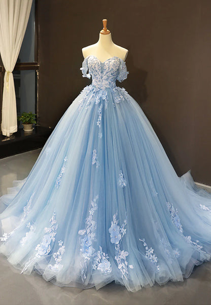 A-Line Off the Shoulder Blue Tulle Long Prom Dress Evening Dress With Applique