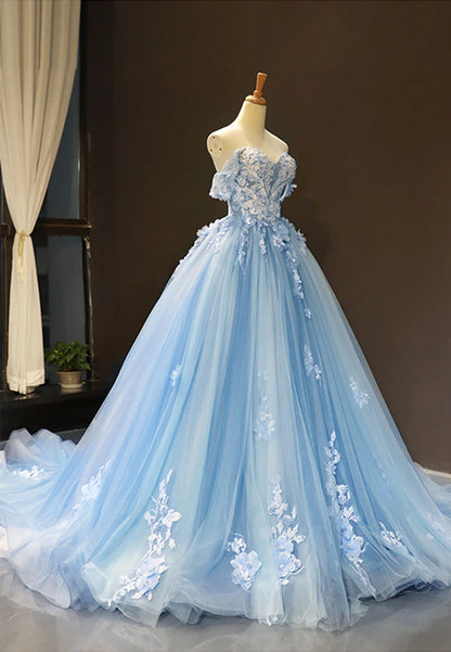 A-Line Off the Shoulder Blue Tulle Long Prom Dress Evening Dress With Applique