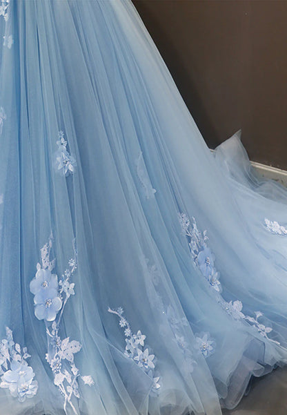 A-Line Off the Shoulder Blue Tulle Long Prom Dress Evening Dress With Applique