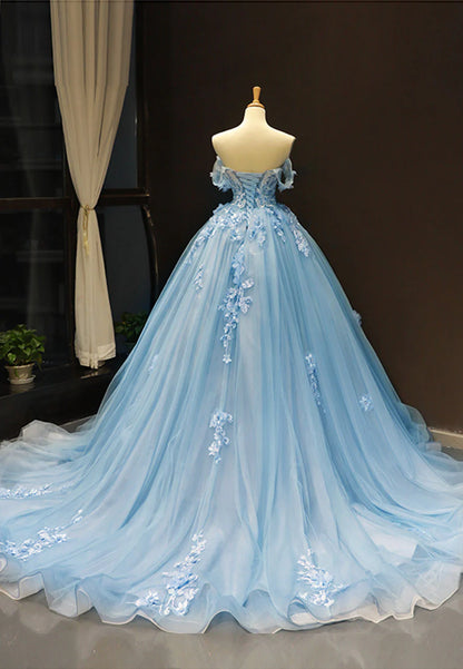 A-Line Off the Shoulder Blue Tulle Long Prom Dress Evening Dress With Applique