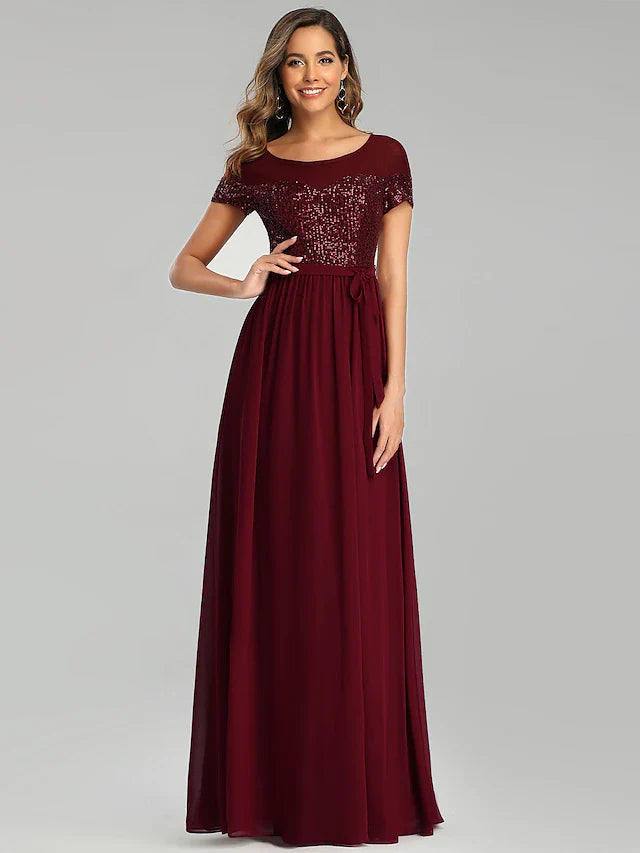 A-Line Bridesmaid Dress Jewel Neck Short Sleeve Elegant Floor Length Chiffon with Sash / Ribbon / Sequin