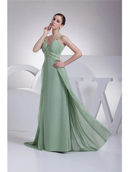 A-Line Evening Gown Sparkle Dress Formal Evening Floor Length Sleeveless Spaghetti Strap Chiffon with Beading