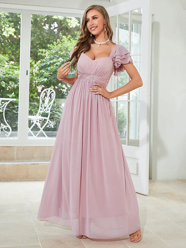 A-Line Wedding Guest Dresses Elegant Dress Party Wear Floor Length Short Sleeve Square Neck Chiffon with Ruffles