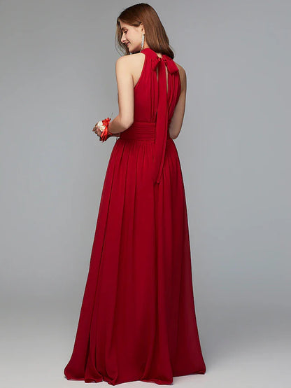 A-Line Bridesmaid Dress High Neck Sleeveless Furcal Floor Length Chiffon with Pleats / Split Front