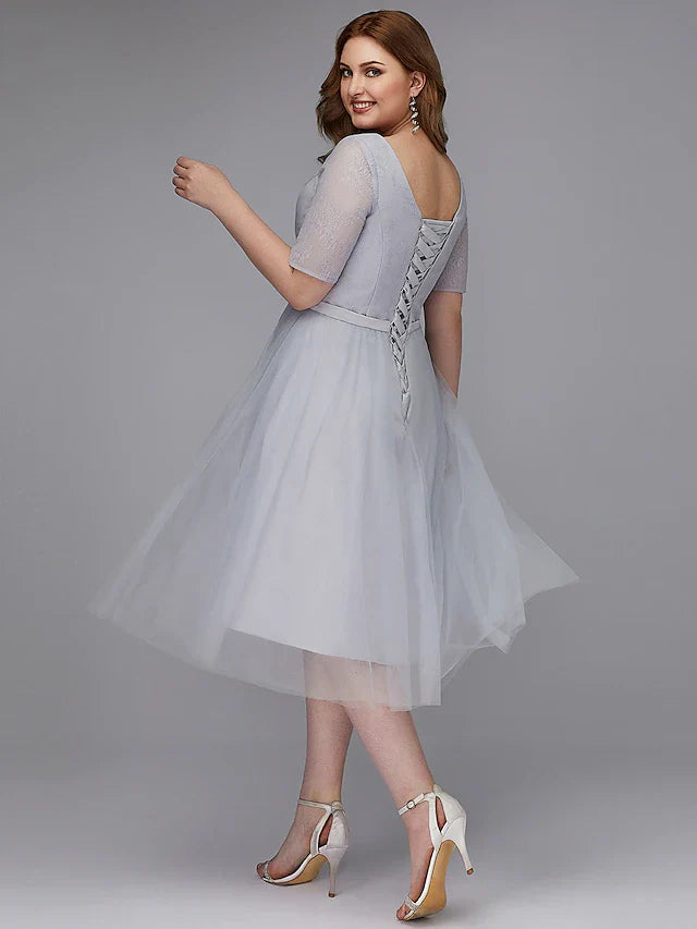 A-Line Elegant Dress Wedding Guest Tea Length Short Sleeve V Neck Lace Lace-up with Sash / Ribbon