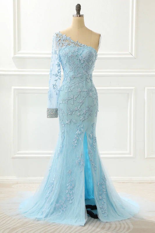 One Shoulder Sky Blue Split Fork Mermaid Prom Dress With Appliques