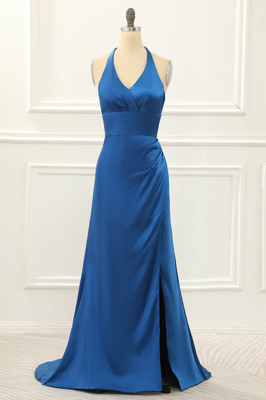 Royal Blue V-Neck Satin Halter Simple Sleeveless Backless Prom Dress with Slit