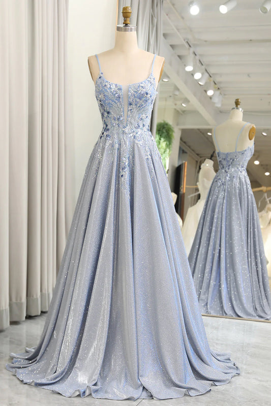 Glitter Grey Blue Plunge V A-Line Spaghetti Straps Long Prom Dress With Appliques