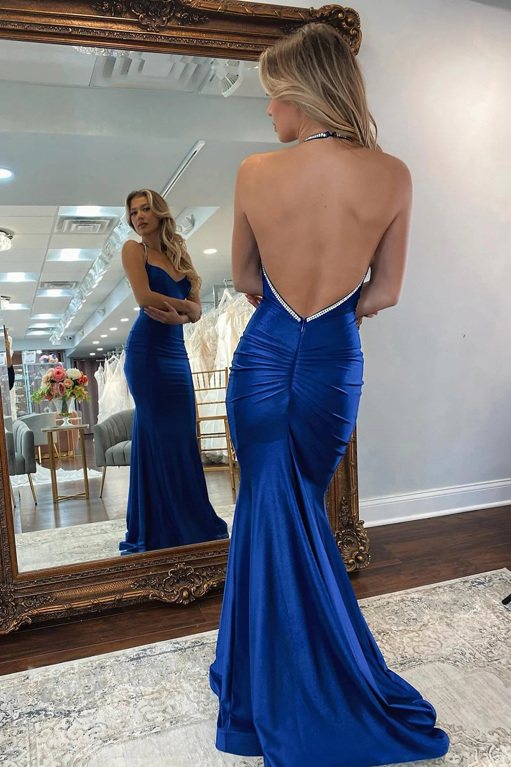 Royal Blue Mermaid V-Neck Halter Neck Backless Slim-fit Long Prom Dress