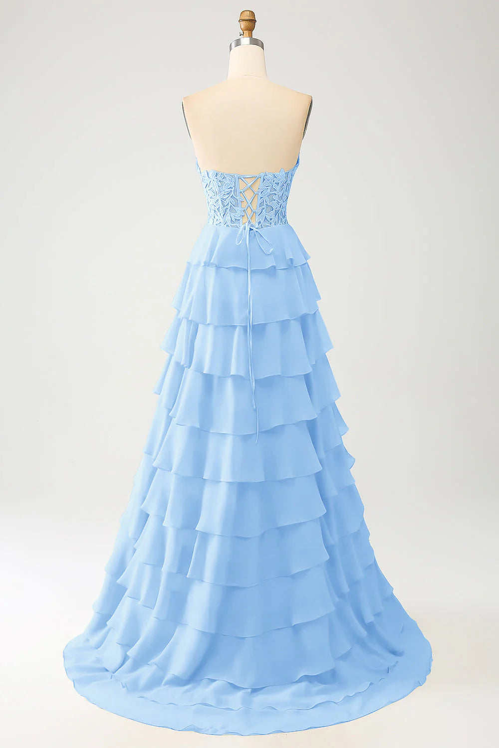 Sky Blue A-Line Off-the-Shoulder Sweetheart Tiered Lace-Up Back Long Prom Dress