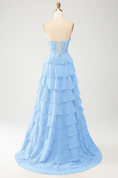 Sky Blue A-Line Off-the-Shoulder Sweetheart Tiered Lace-Up Back Long Prom Dress