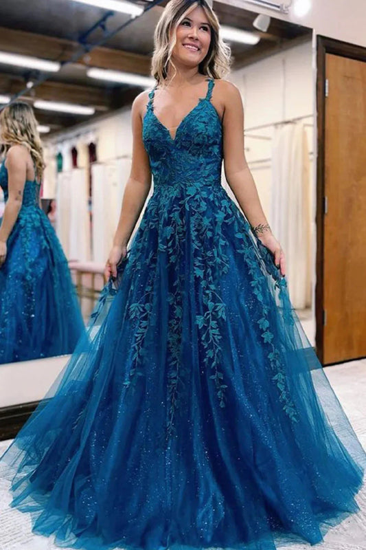 Glitter Blue V-Neck Spaghetti Strap Lace A-Line Tulle Floor-Length Long Prom Dress
