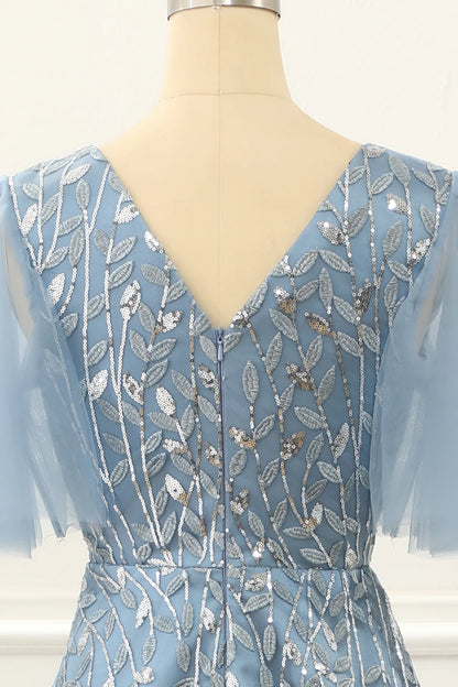 Blue V-Neck A Line Tulle Half Sleeve Prom Dress with Lace Appliques ﻿
