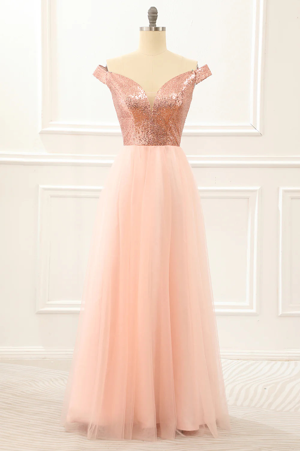 Blush A-Line Off-the-Shoulder V-Neck Tulle Sequins Prom Dress