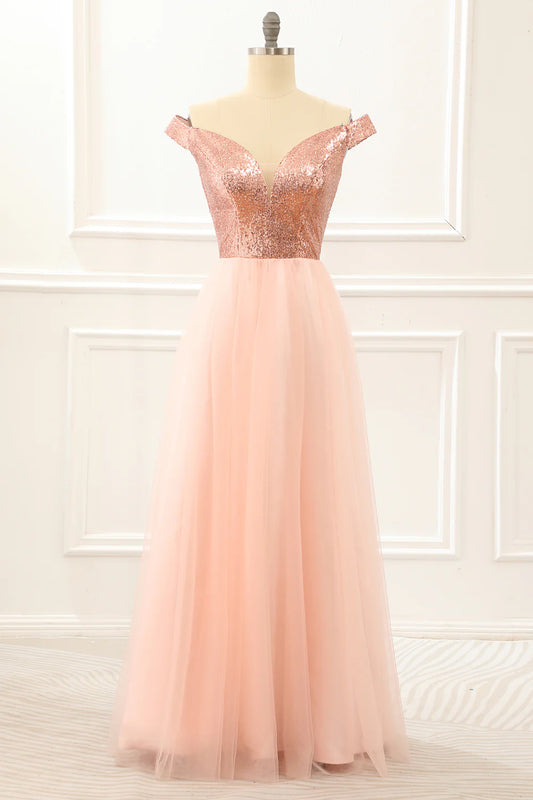 Blush A-Line Off-the-Shoulder V-Neck Tulle Sequins Prom Dress