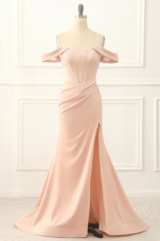 Blush Satin Off the Shoulder Mermaid Pleats Floor-Length Prom Dress with Slit ﻿