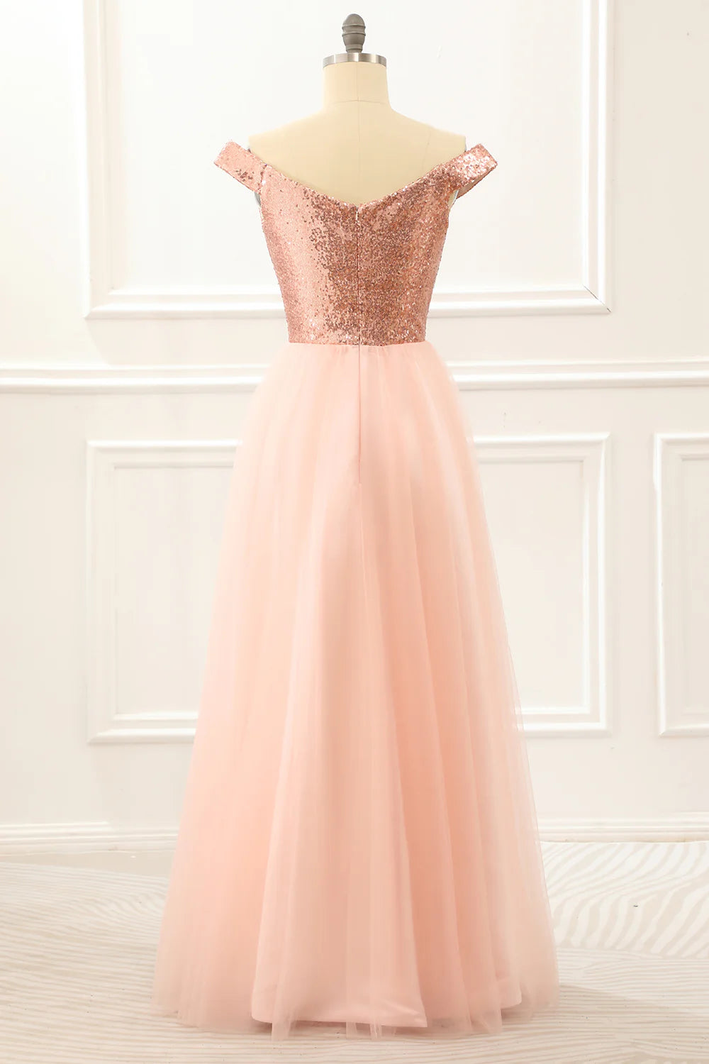 Blush A-Line Off-the-Shoulder V-Neck Tulle Sequins Prom Dress