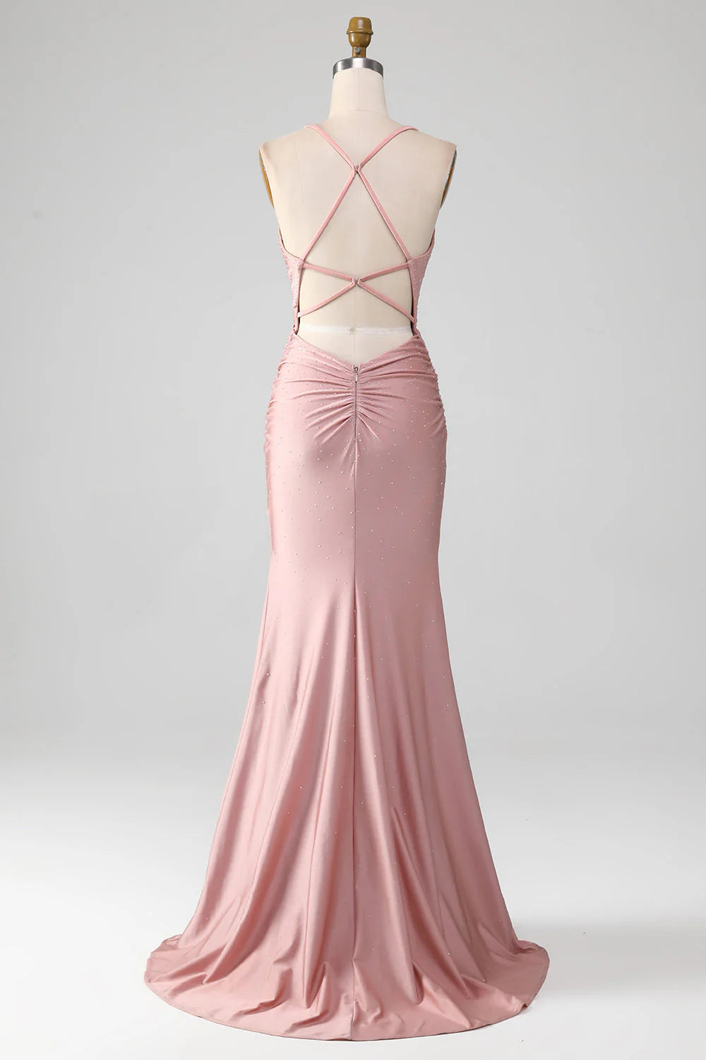 Sparkly Blush V-Neck Spaghetti Strap Beaded Lace-Up Back Long Mermaid Prom Dress