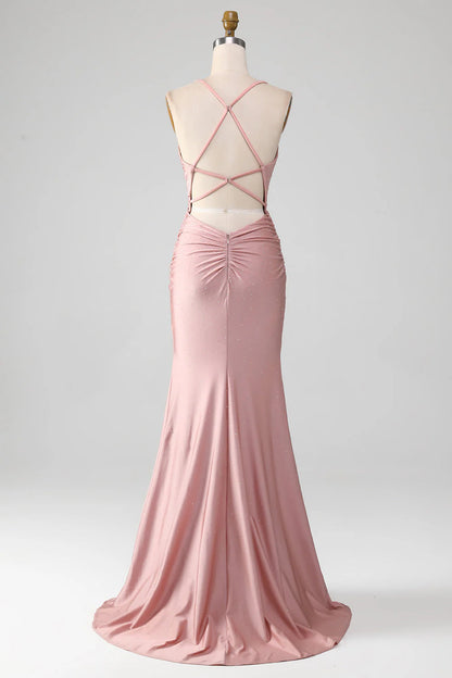 Sparkly Blush V-Neck Spaghetti Strap Beaded Lace-Up Back Long Mermaid Prom Dress