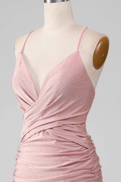 Sparkly Blush V-Neck Spaghetti Strap Beaded Lace-Up Back Long Mermaid Prom Dress