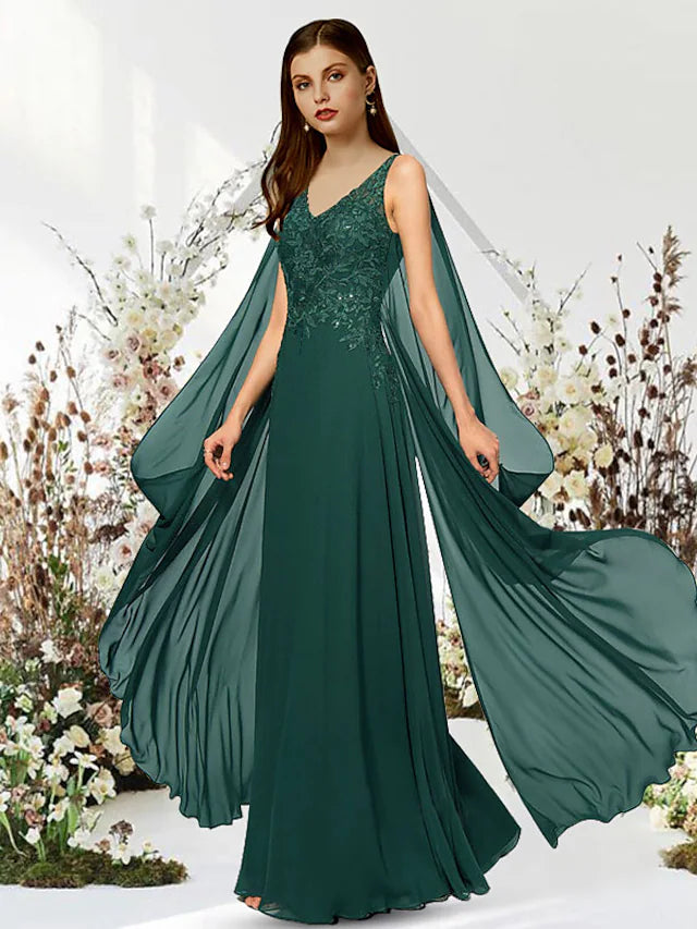 A-Line Empire Elegant Engagement Formal Evening Dress V Neck Sleeveless Floor Length Chiffon with Sequin Appliques