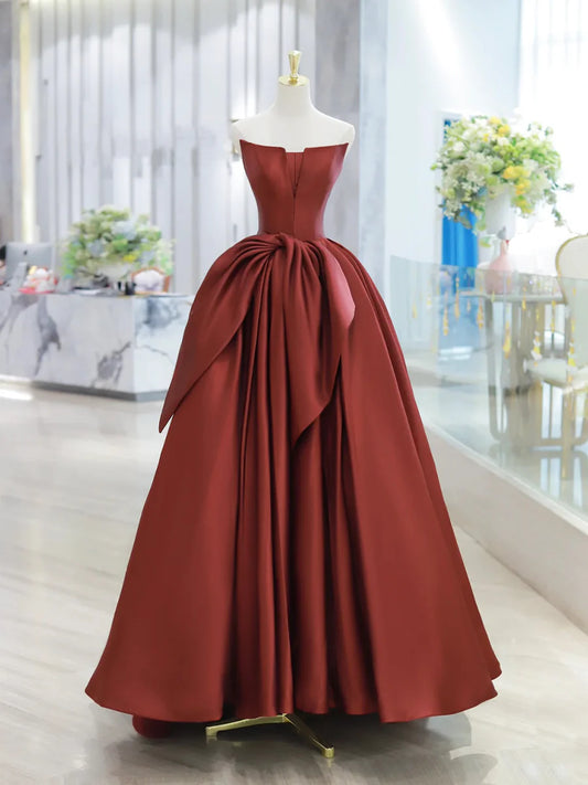 A-Line Burgundy Strapless Satin Evening Party Dress Long Prom Dress With Bow